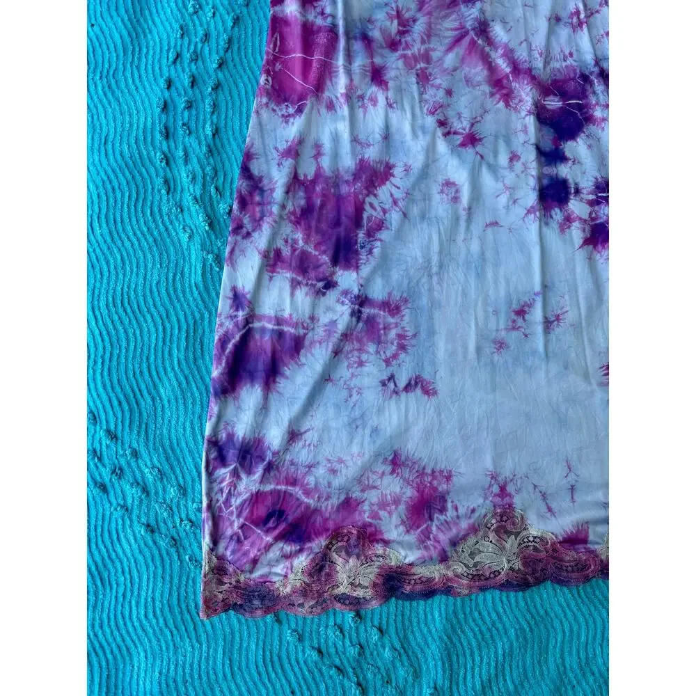 Hand Dyed Vintage Purple Blue Tie Dye Slip Dress Nylon Reworked Dress Loungewear